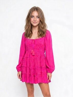 CHELSEA & VIOLET long-sleeve smocked tiered mini dress with tassels bright pink